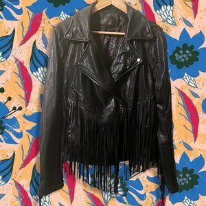 BLANKNYC Fringed Vegan Leather Black Moto Jacket